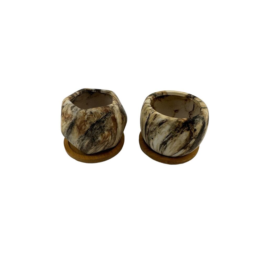 Stoneware Marble Finish Tan Brown Small Succulent Pots Set of 2